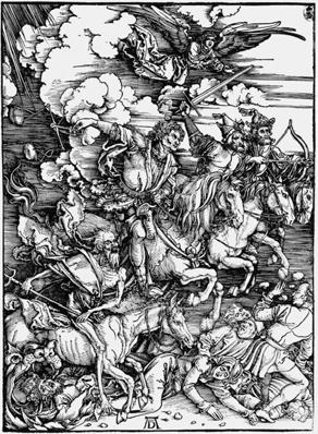 EDUSEJA Opis obrazu Albrecht Dürer Czterej jeźdźcy Apokalipsy Autorem dzieła Czterej jeźdźcy Apokalipsy jest pochodzący z Niemiec renesansowy malarz Albrecht Dürer.