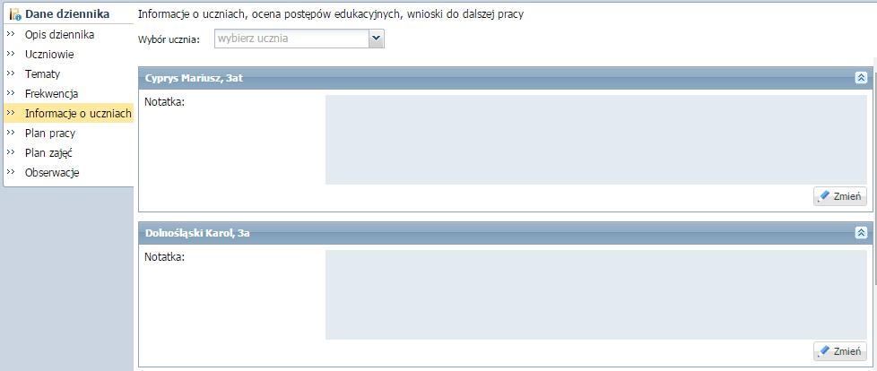 Uzupełnianie informacji o uczniach Istnieje możliwość wprowadzenia informacji np.