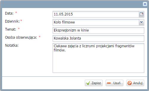 Prowadzenie Dziennika zajęć innych Prowadzenie rejestru obserwacji Rejestr obserwacji umożliwia dyrektorowi odnotowanie przeprowadzonych w danym roku szkolnym obserwacji na zajęciach nauczyciela