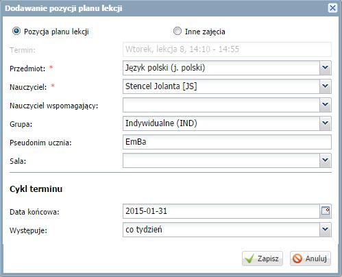 Kliknąć ikonę i wypełnić puste pola w oknie Dodawanie pozycji planu lekcji: w polu Grupa wybrać Indywidualne (IND), w polu Pseudonim wpisać pseudonim ucznia.