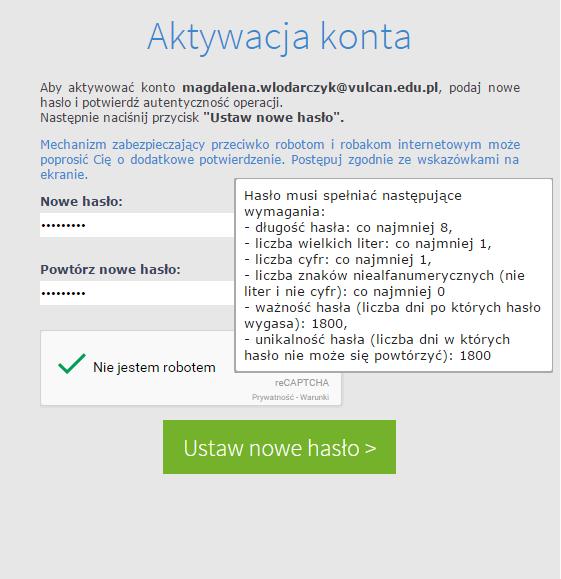 Informacje podstawowe o systemie Uczniowie Optivum NET + W oknie Aktywacja konta