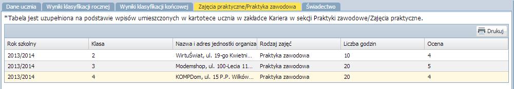 Korzystanie z dziennika w sytuacjach złożonych Aby przejrzeć informacje o praktykach zawodowych na arkuszu ocen należy: W widoku Arkusze Świadectwa wybrać oddział i kliknąć ikonę przy wybranym uczniu.