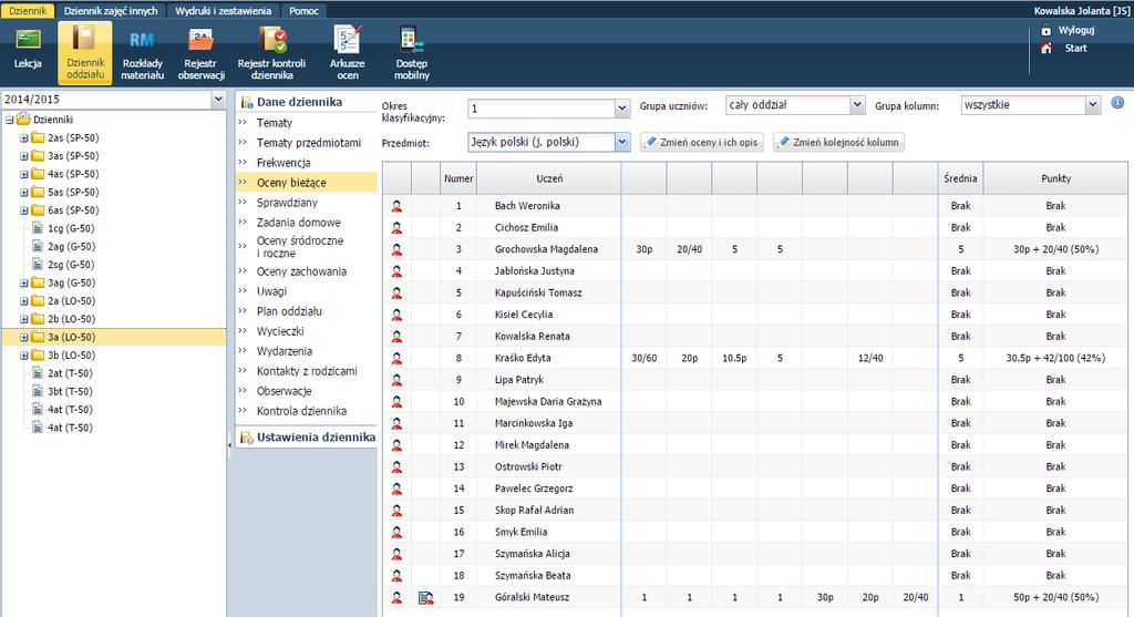 Korzystanie z dziennika oddziału Widok Oceny bieżące Przycisk Zmień oceny i ich opis pozwala na modyfikację wpisanych ocen.