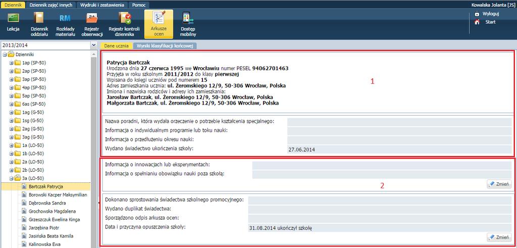 Korzystanie z dziennika oddziału Informacje widoczne w pierwszej części (zob.