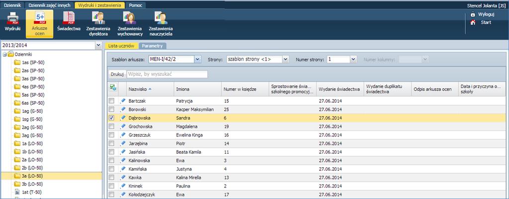 Edytowanie dodatkowych informacji Wychowawca może edytować dodatkowe informacje dotyczące arkusza ocen i