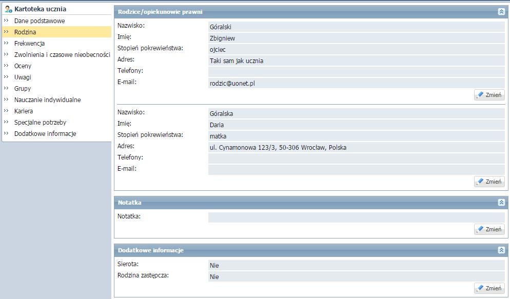 Korzystanie z dziennika oddziału Dostęp nauczyciela do danych o specjalnych potrzebach edukacyjnych ucznia W celu wyszukania w systemie UONET + danych rodziców wybranego ucznia nauczyciel powinien: