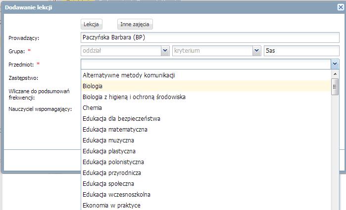 Dokumentowanie lekcji przez nauczyciela w widoku Lekcja W oknie Dodawanie lekcji z listy Przedmiot wybrać