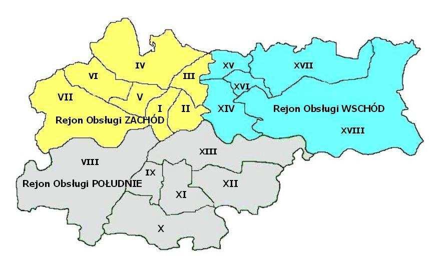 Rejony Zespołu Ekonomiki Oświaty w Krakowie, granice dzielnic pomocniczych, skróty i symbole Z E O Rejon Obsługi ZACHÓD obejmuje Dzielnice: I, II, III, IV, V, VI, VII Z E O Rejon Obsługi POŁUDNIE