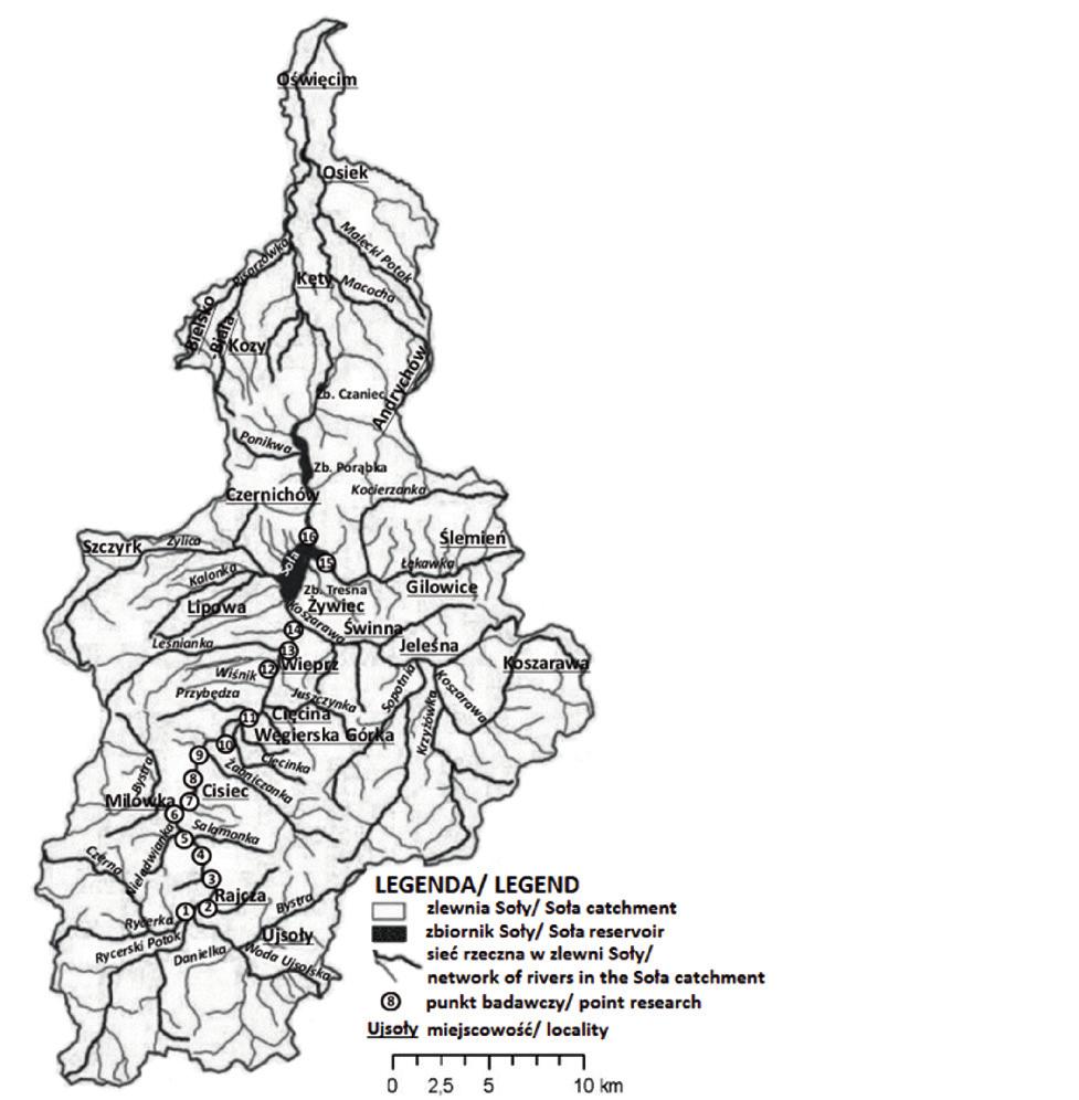 RYSUNEK 1. Siećhydrograficzna zlewni Sołyzlokalizacjąprzekrojówbadawczych. FIGURE 1. Hydrographic network of the Soła river catchment basin with loca on sec ons research. RYSUNEK 1.