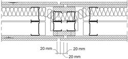 Podwójny szkielet szczeliny dylatacyjnej w konstrukcji ściany działowej. Wykonane według tych schematów szczeliny nie pogarszają charakterystyki akustycznej i przeciwogniowej ścian działowych.