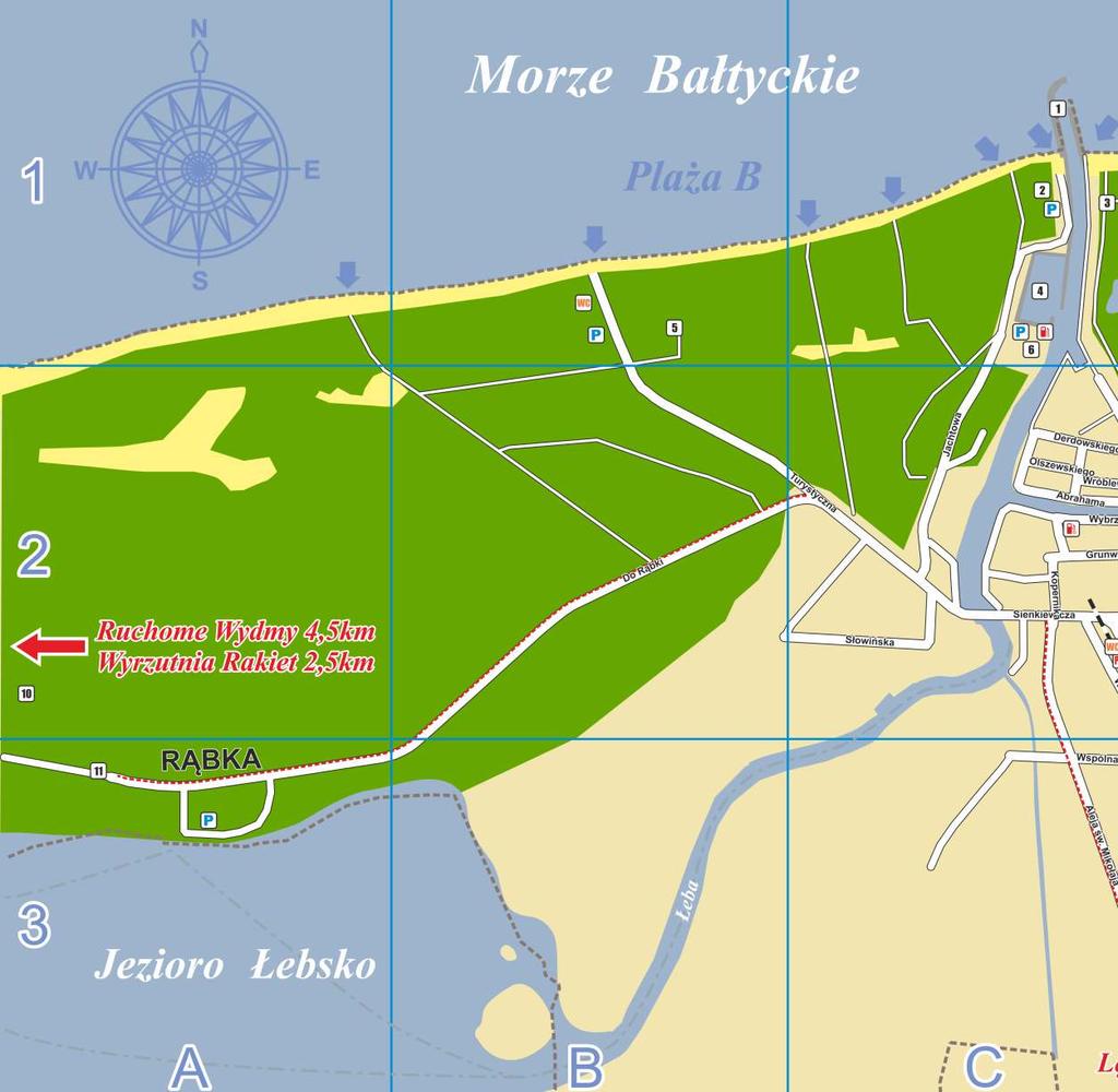 1. Falochron zachodni 2. Krzyż nawigacyjny 3. Dzwon nawigacyjny 4. Port Jachtowy - Marina Łeba 5. Ruiny kościoła św. Mikołaja 6. Centrum Obsługi Morskiego Ruchu Turystycznego 7.
