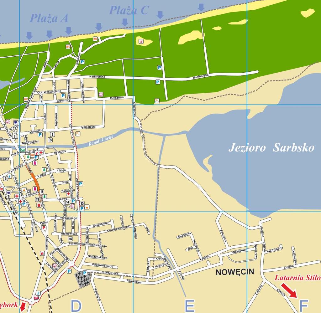 Nowęcin Jeziorna F3 Kolonijna D3 Kolorowa E3 Krótka E3 Lipowa F3 Łebska E3-F3 Miła E3 Pogodna E3 Polanki E3 Relaksowa D3-E3 Słoneczna E3 Spacerowa F3 Spokojna E3 Sportowa E3 Św.