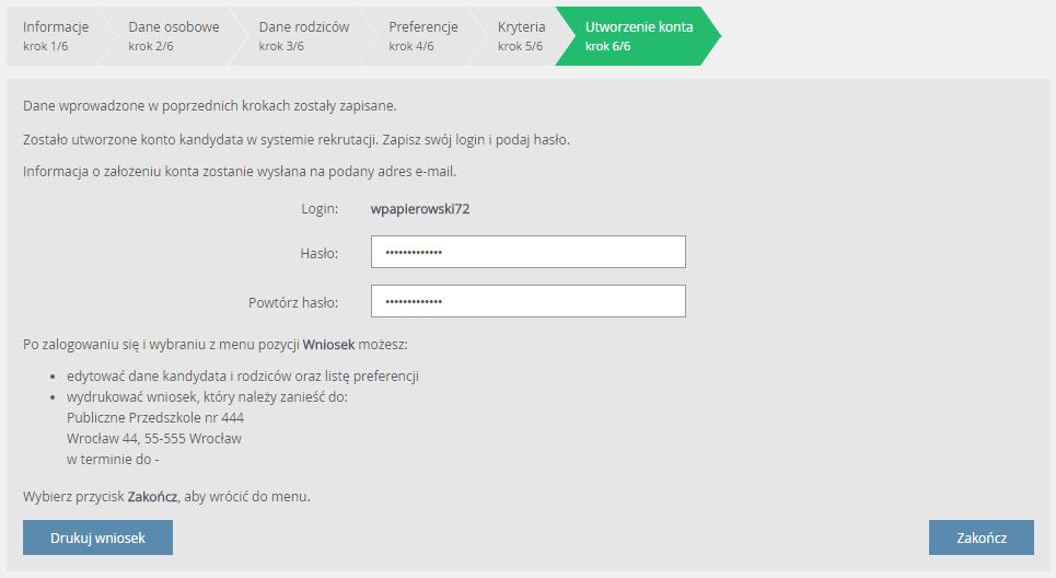 Rejestracja kandydata przez rodzica/ opiekuna prawnego Krok 6: Utworzenie konta Istotną częścią formularza jest sekcja Utworzenie Konta, w której system generuje unikalny login użytkownika.