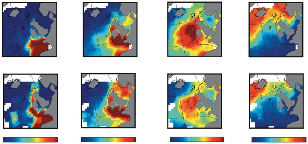 The northerly shift of mesozooplankton assamblages. Scale is the mean number of indicative species per assamblage.