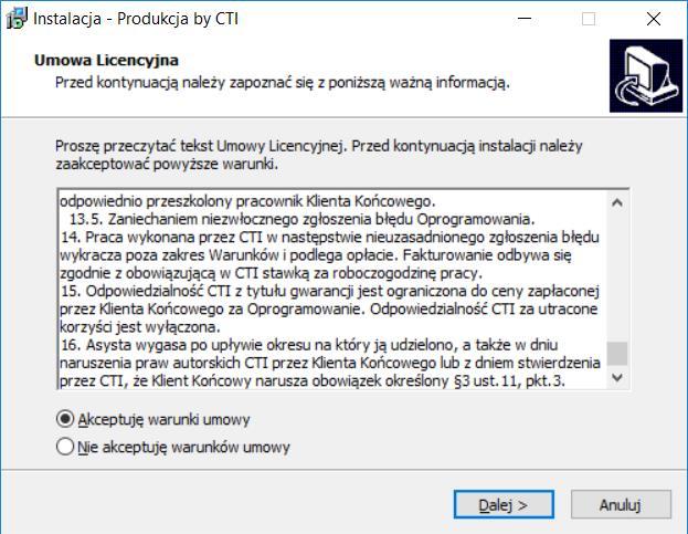 Aby kontynuować instalację programu, umowę licencyjną należy przeczytać i zaakceptować wybierając