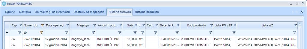 pojawia się powiązanie: Surowiec -> RW -> ZP -> PW -> Produkt -> WZ 8.1.2.