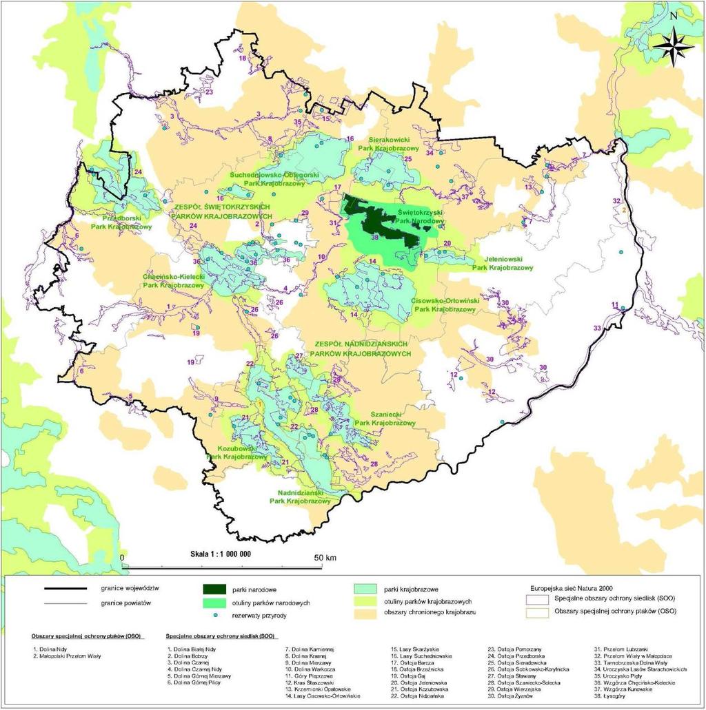 Rysunek B-11. System obszarów prawnie chronionych oraz ujętych w Europejskiej Sieci Ekologicznej Natura 2000 w województwie świętokrzyskim 68 14.