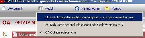 Do wyboru typu rozliczeń i tym samym typu dokumentu kalkulatora służy menu