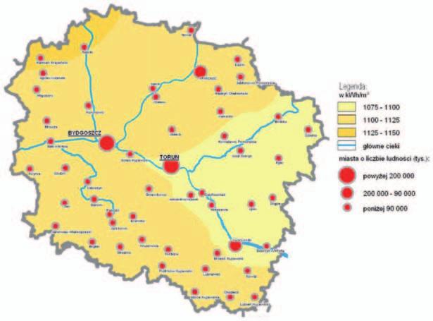 Izabela PIASECKA, Andrzej TOMPOROWSKI, Weronika KRUSZELNICKA Rys. 8. Roczne sumy promieniowania słonecznego w województwie kujawsko-pomorskim [3] Małe elektrownie wodne są elektrowniami przepływowymi.