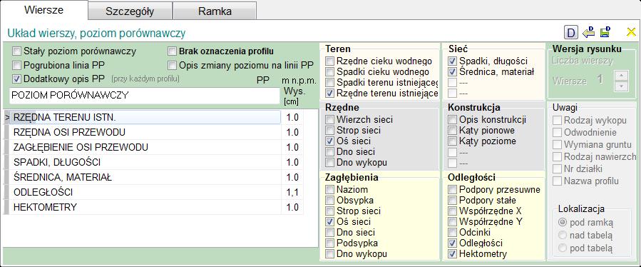 Tabela - dostosowanie tabeli profilu do indywidualnych potrzeb projektu Wiersze ustalenie treści oraz liczby wierszy w tabeli z możliwością regulacji wysokości poszczególnych rubryk Opcje poziomu