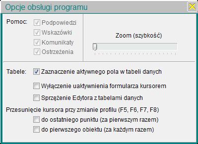 Okno Wersja językowa Rozmieszczenie komponentów Opcje obsługi Opcje podpowiedzi,