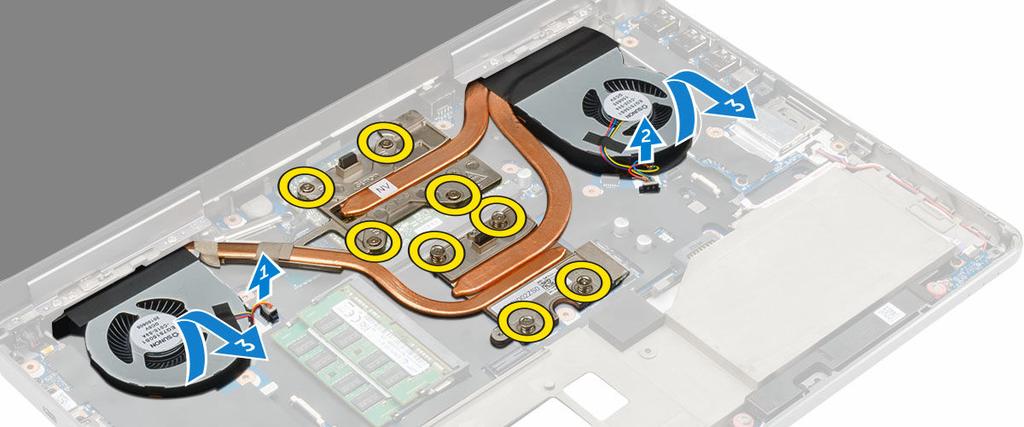 Instalowanie radiatora 1. Umieść zespół radiatora w gnieździe. 2. Przyklej taśmę na rurce. 3. Dokręć wkręty osadzone mocujące zespół radiatora do komputera.