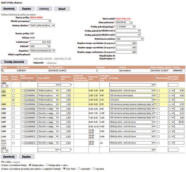 Rys. 1. Widok formatki do wprowadzania zleceń analiz próby złożowej Fig. 1. View order entry form to the analysis of copper deposit sample trakcie planowania jak i rozliczania wydobycia.