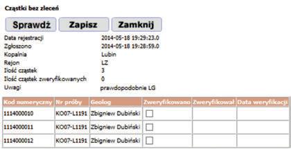 Rys.9. Wynik analizy warstw dla których brak zleceń. Efektem analizy jest odszukanie nazwiska geologa, który najprawdopodobniej pobrał próby dla których laboratorium nie otrzymało zleceń Fig. 9.