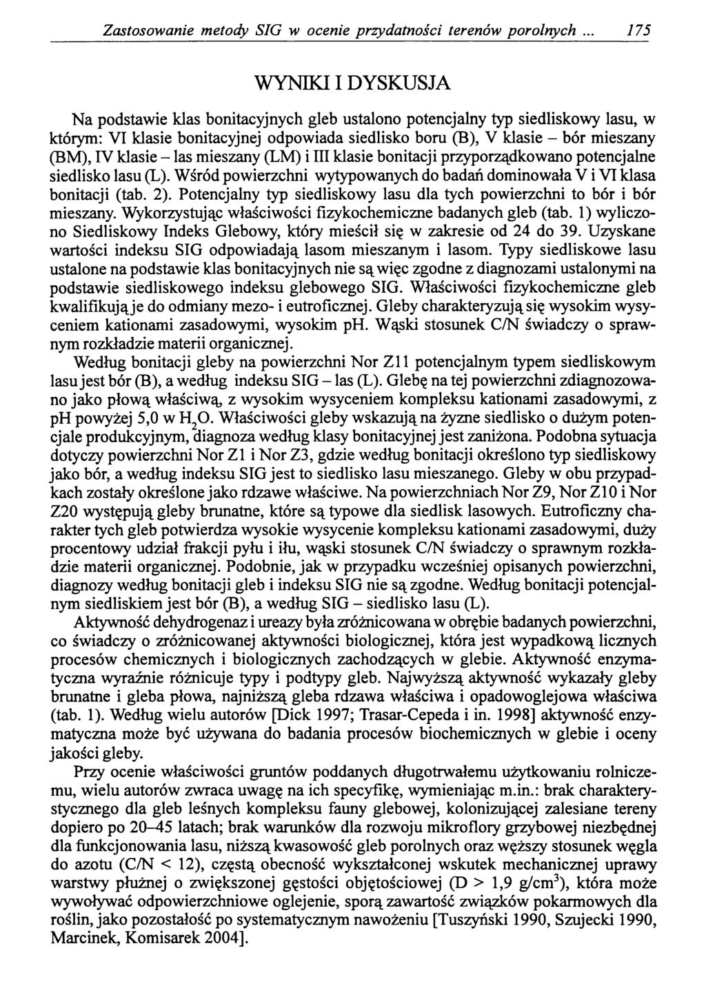 Zastosowanie metody SIG w ocenie przydatności terenów porolnych 175 WYNIKI I DYSKUSJA Na podstawie klas bonitacyjnych gleb ustalono potencjalny typ siedliskowy lasu, w którym: VI klasie bonitacyjnej