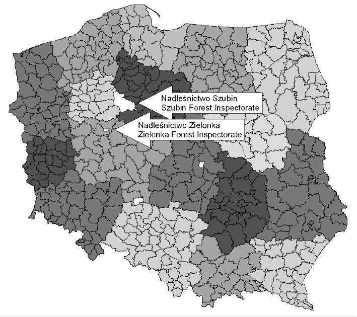 Ryc. 2. Lokalizacja obiektów badawczych na tle granic nadleúnictw i zasiægu regionalnych dyrekcji lasów pañstwowych Êródùo: Opracowanie wùasne.