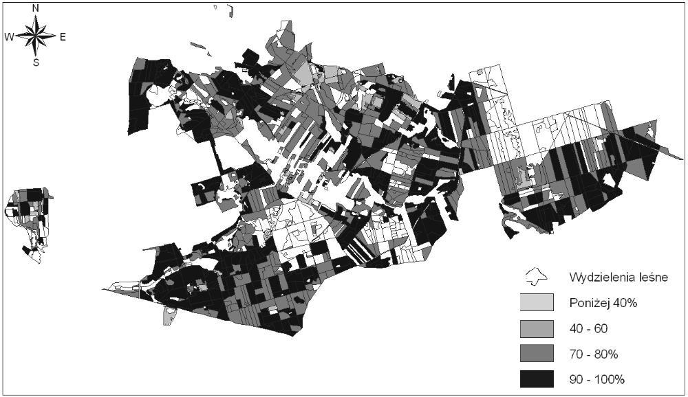 Ryc. 4. Pokrycie wydzieleñ leúnych podszytem z udziaùem Prunus serotina Ehrh. w Nadleúnictwie Doúwiadczalnym Zielonka wg stanu na 1994r. Êródùo: Opracowanie wùasne. Ryc. 5.