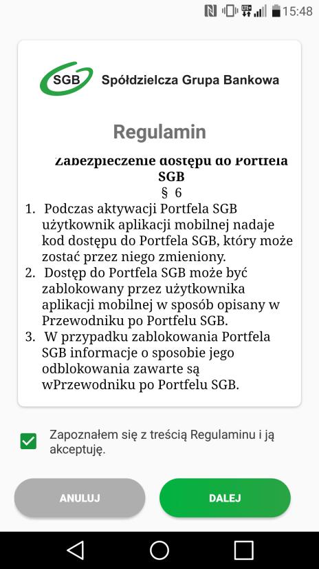 3. Następnie aplikacja poprosi o akceptację Warunków korzystania z Portfela SGB. Po obowiązkowym przeczytaniu Warunków, należ zaznaczyć opcję Zapoznałem się z treścią., a następnie wybrać opcję DALEJ.