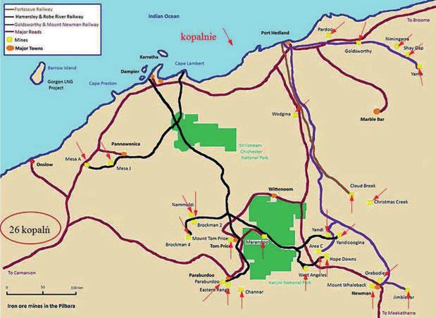Rys. 1. Zagłębie Pilbara, północno-zachodnia Australia Fig. 1. Pilbara region, North-West Australia Dominującym rodzajem transportu dalekiego jest odstawa kolejowa.