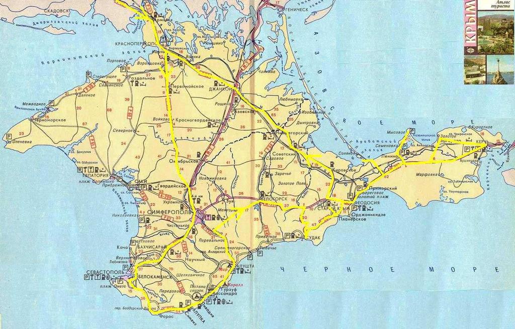 Mapa Półwyspu Krymskiego. Kolorem Ŝółtym zaznaczono trasę obozu.