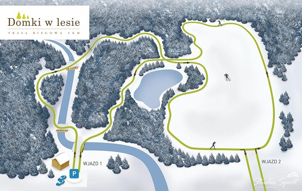 Oferujemy dwie urozmaicone trasy: 1. MAŁA PĘTLA - NIEBIESKA - o długości 1200m, łatwa, idealna do nauki i pierwszych kroków na nartach biegowych z niewielką różnicą wysokości do pokonania.