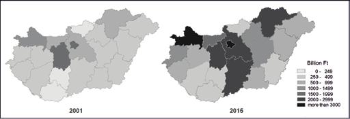 140 Ágnes Pál, Ferenc Győri Fig. 7. The value of industrial production by counties in 2001 and 2015 Source: The data are from Hungarian Central Statistical Office (Központi Statisztikai Hivatal).