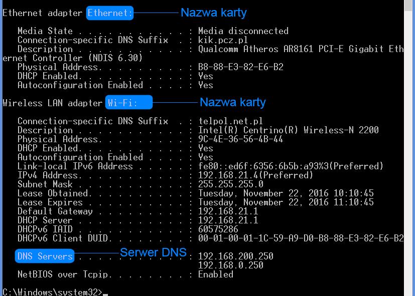 Przykłady: ipconfig - Pokazuje informacje ipconfig /all - Pokazuje informacje szczegółowe ipconfig /renew - Odnawia adresy IP wszystkich kart ipconfig /renew EL* - Odnawia adresy IP połączeń o
