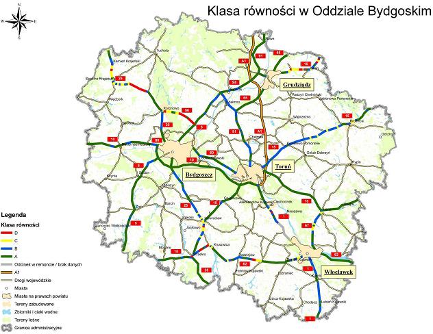 Rys. III.3.2.2. Klasa równości dróg krajowych w Województwie Kujawsko-Pomorskim (Źródło: GDDKiA).