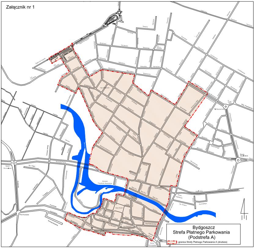 Rys. III.3.4.1.2. Mapa strefy płatnego parkowania w Bydgoszczy (Źródło: ZDMiKP Bydgoszcz). c) Chełmża Urząd Miasta w Chełmży ustanowił w centrum miasta strefę płatnego parkowania niestrzeżonego, tj.