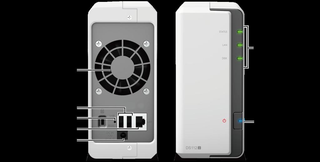 Przegląd modeli stacji Synology DiskStation Lp. Nazwa Lokalizacja Opis 1) Wskaźniki LED Panel przedni Diody wskaźników pokazują stan systemu i wewnętrznego dysku.