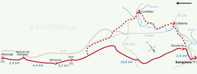 Etap 5 Sanguesa - Monreal (27.3 km) Dwie drogi: 1. przez Rocafort - droga przez góry, lasy, pastwiska, bardzo przyjemna, brak ludzi, 2. przez Lumbier. Rocaforte Mieszk.: 65 Do Izco: 16.
