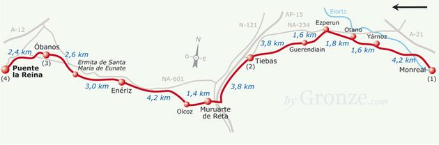 Etap 6 Monreal - Obanos (30.7 km) Dość męcząca droga, w 2006r. dużo robót drogowych, niezbyt dobre oznaczenia, miejscowości bez nazw, nie zgadzają się podane kilometry.