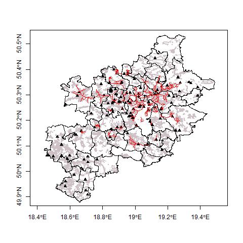 Sieć ciepłownicza a rozkład przestrzenny emisji (cz.1) 49.9 N 50 N 50.1 N 50.2 N 50.3 N 50.4 N 50.5 N Population density (inh.