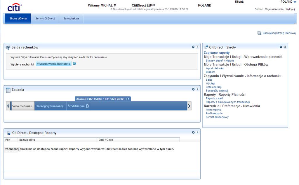 Po zalogowaniu otworzy się okno portalu CitiDirect EB.