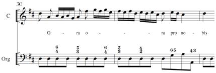 Przykład 6: Jacek Szczurowski, Litaniae in D, Pater de caelis, t. 30-31. Obecność anafor połączonych z paralelną budową kolejnych wezwań stanowiła dla kompozytora zachętę do zastosowania epizeuxis.