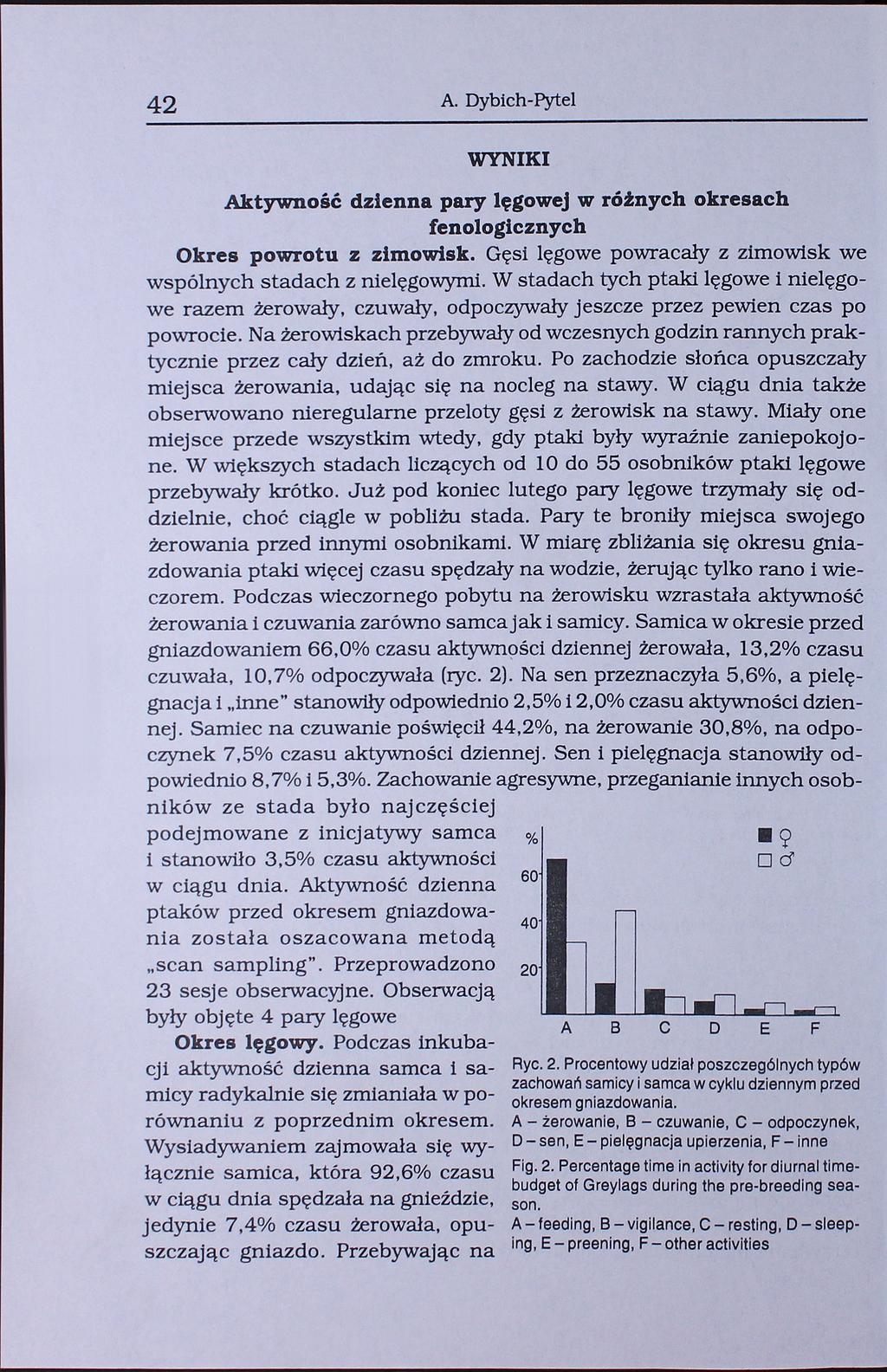 42 A. Dybich-Pytel WYNIKI Aktywność dzienna pary lęgowej w różnych okresach fenologicznych Okres powrotu z zimowisk. Gęsi lęgowe powracały z zimowisk we wspólnych stadach z nielęgowymi.