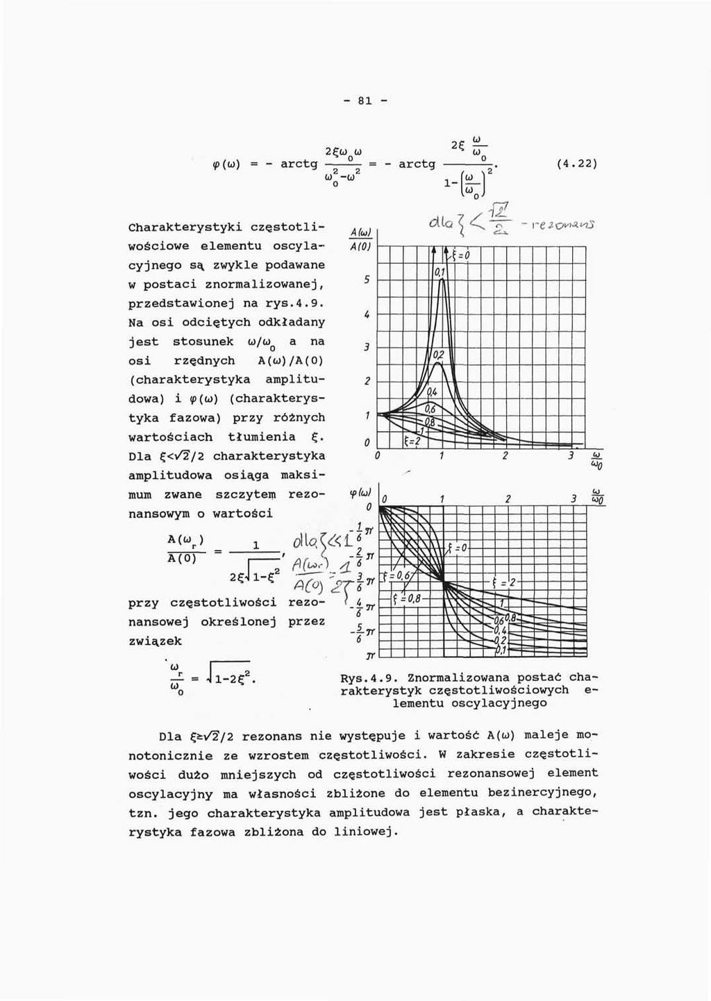 - 81 - ę (Li) = - arctg (4.22) Charakterystyki częstotliwościowe elementu oscylacyjnego są zwykle podawane w postaci znormalizowanej, przedstawionej na rys.4.9.