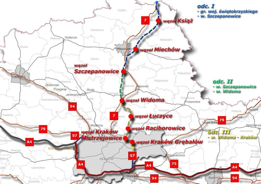 Droga ekspresowa S-7 Długość: ~ok. 55,5 km (wg III wariantu trasy) Klasa : S (w I etapie 2x2, docelowo 2x3 na terenie m. Krakowa 2x3 pasy ruchu) Nośność : 115 kn/oś Podział na odcinki: Odc.