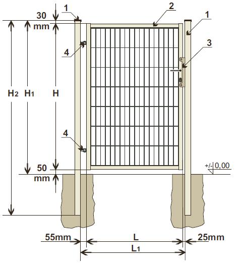 F UNIWERSALNE Furtka uniwersalna typ F-U F-U Główne części składowe furtki: 1 - słup 60x60mm 2 - skrzydło furtki (poziomo 35x35mm, pionowo 40x40mm) 3 - zamek GNS 4 - zawias M16 90 F-U Wymiary