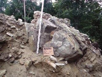Wnęka na belkę we wschodnim murze obwodowym duży blok skalny (ponad 100 cm wysokości) wystający z lica zewnętrznego po stronie północnej